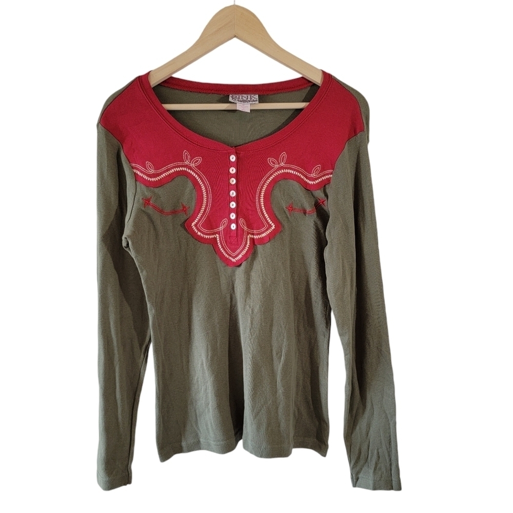PINK Cattlelac Y2K Henley Top Sz M Green Red Embroidery Western Academia Preppy